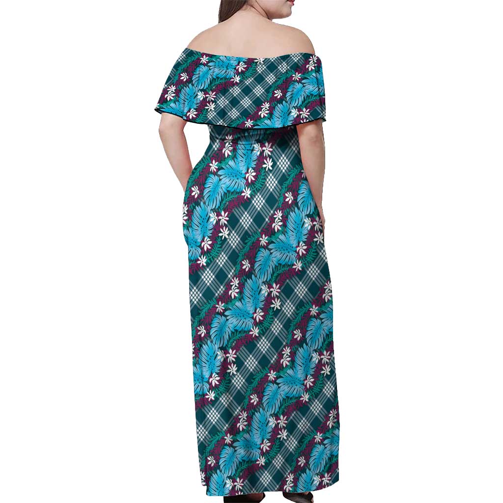 Polynesian Monstera Tiare Floral Off Shoulder Maxi Dress Dark Teal Tropical Plaid - Polynesian Pride