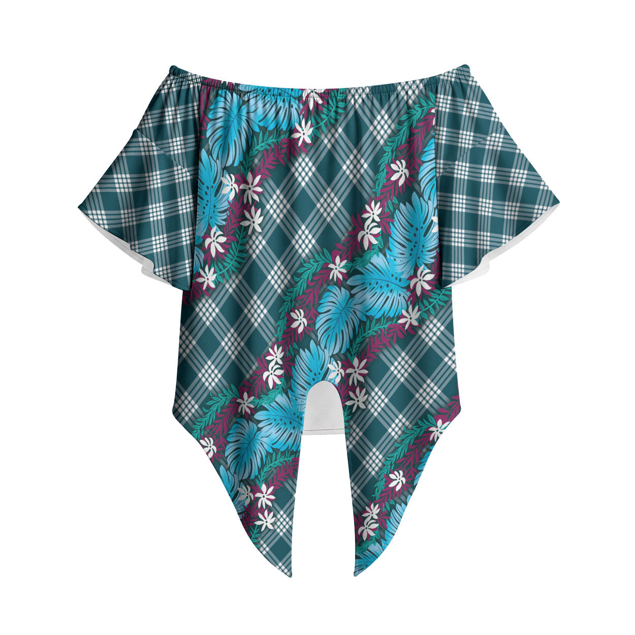 Polynesian Monstera Tiare Floral Off Shoulder Wrap Waist Top Dark Teal Tropical Plaid LT01 Teal - Polynesian Pride