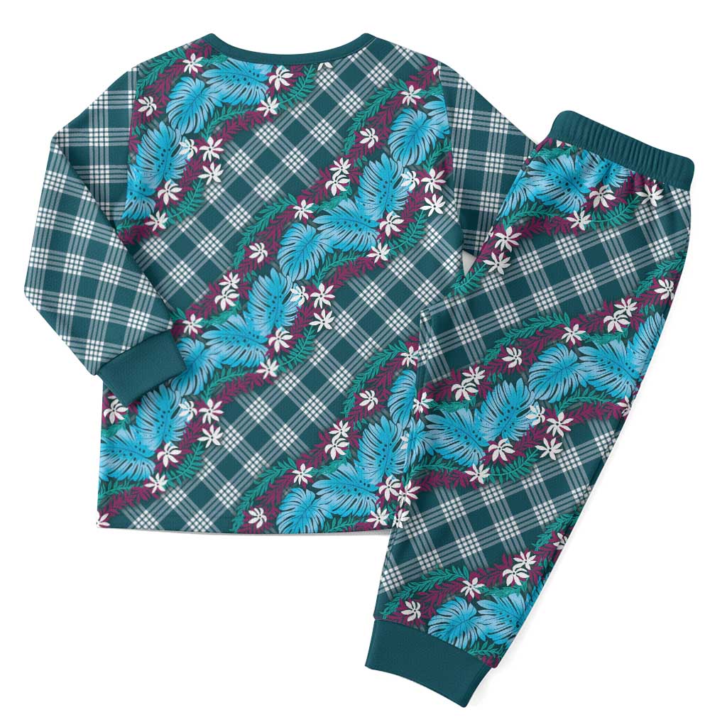 Polynesian Monstera Tiare Floral Christmas Pajama Set Dark Teal Tropical Plaid LT01 - Polynesian Pride