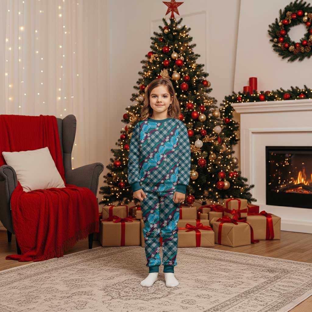 Polynesian Monstera Tiare Floral Christmas Pajama Set Dark Teal Tropical Plaid LT01 Kid Teal - Polynesian Pride