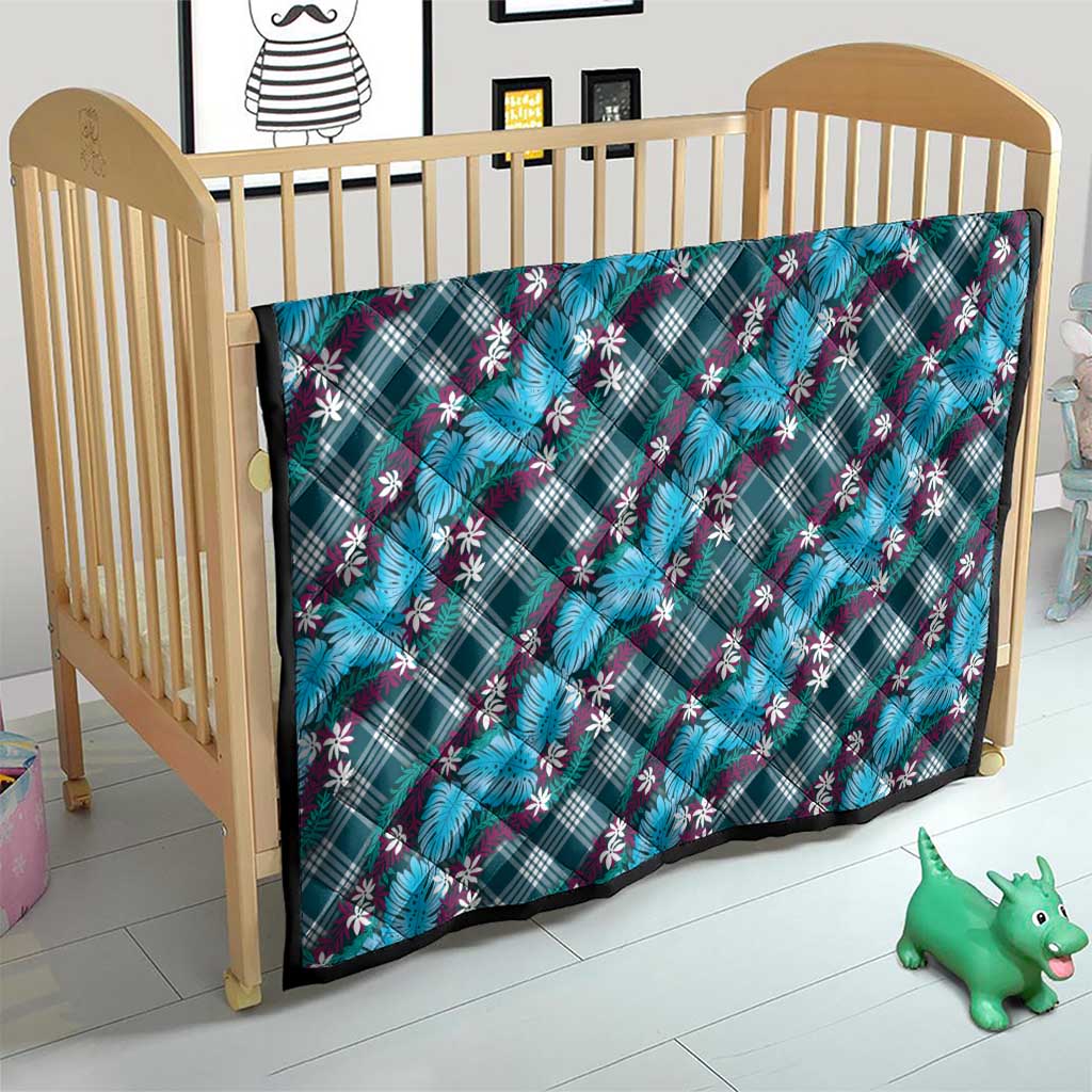 Polynesian Monstera Tiare Floral Quilt Dark Teal Tropical Plaid - Polynesian Pride