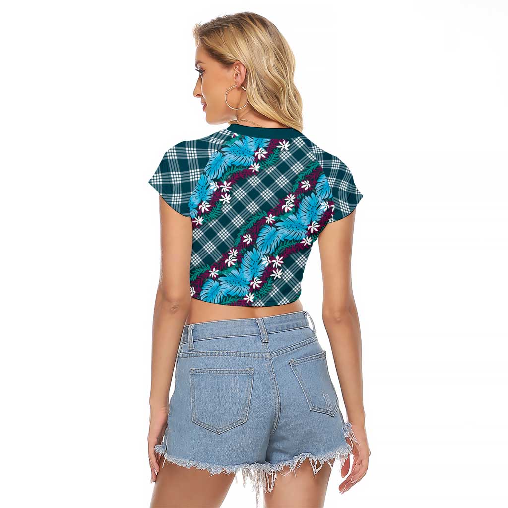 Polynesian Monstera Tiare Floral Raglan Cropped T Shirt Dark Teal Tropical Plaid - Polynesian Pride