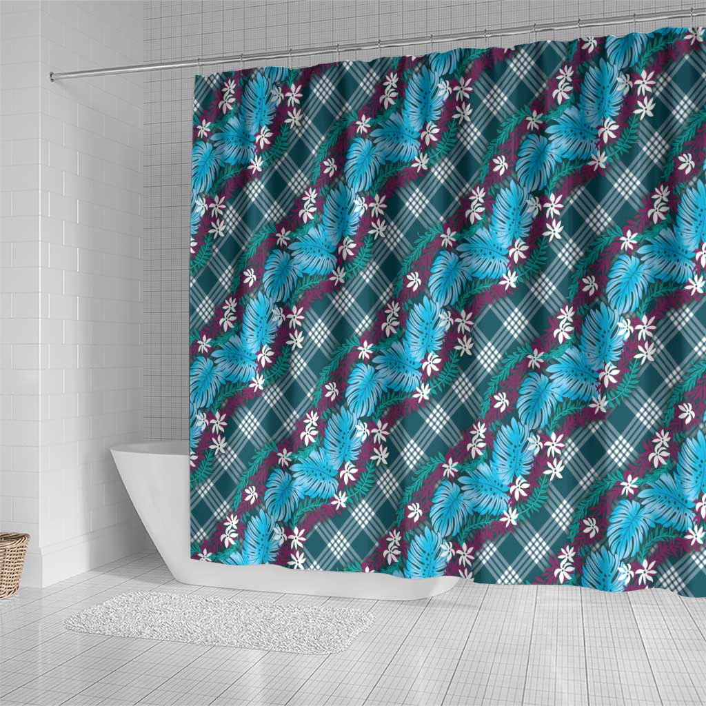 Polynesian Monstera Tiare Floral Shower Curtain Dark Teal Tropical Plaid - Polynesian Pride