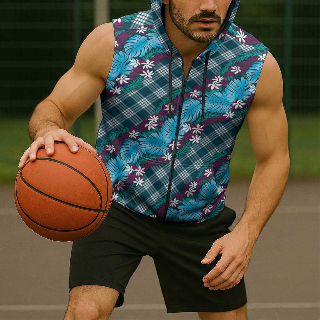 Polynesian Monstera Tiare Floral Sleeveless Zip Hoodie Dark Teal Tropical Plaid - Polynesian Pride