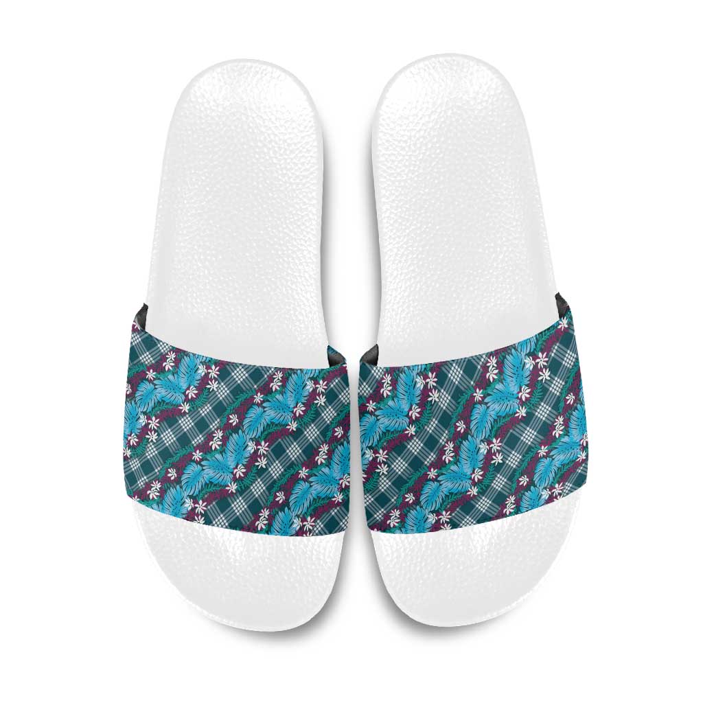 Polynesian Monstera Tiare Floral Slide Sandals Dark Teal Tropical Plaid - Polynesian Pride
