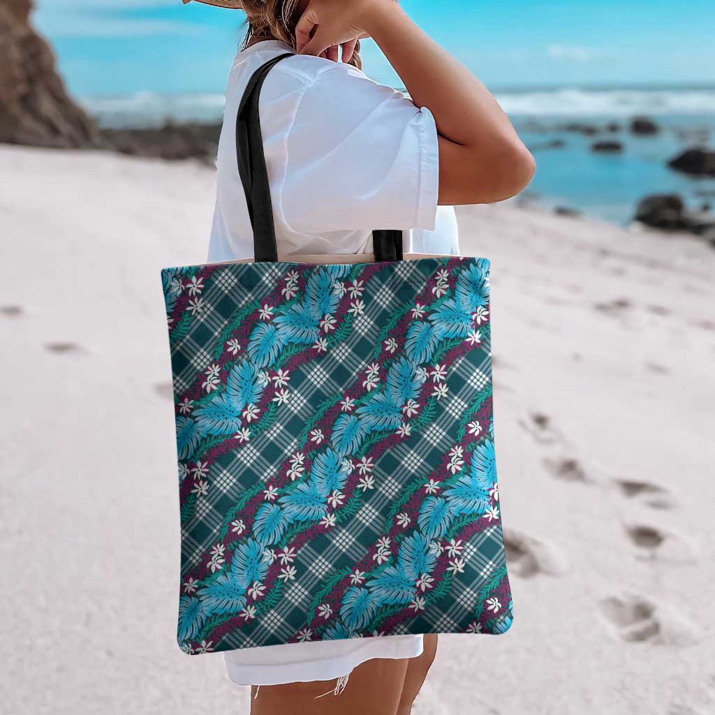 Polynesian Monstera Tiare Floral Tote Bag Dark Teal Tropical Plaid - Polynesian Pride