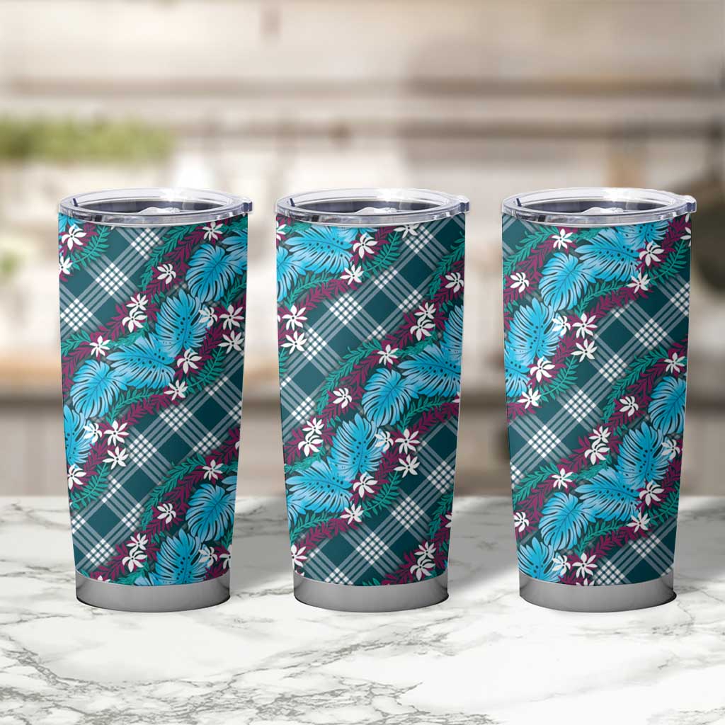 Polynesian Monstera Tiare Floral Tumbler Cup Dark Teal Tropical Plaid - Polynesian Pride