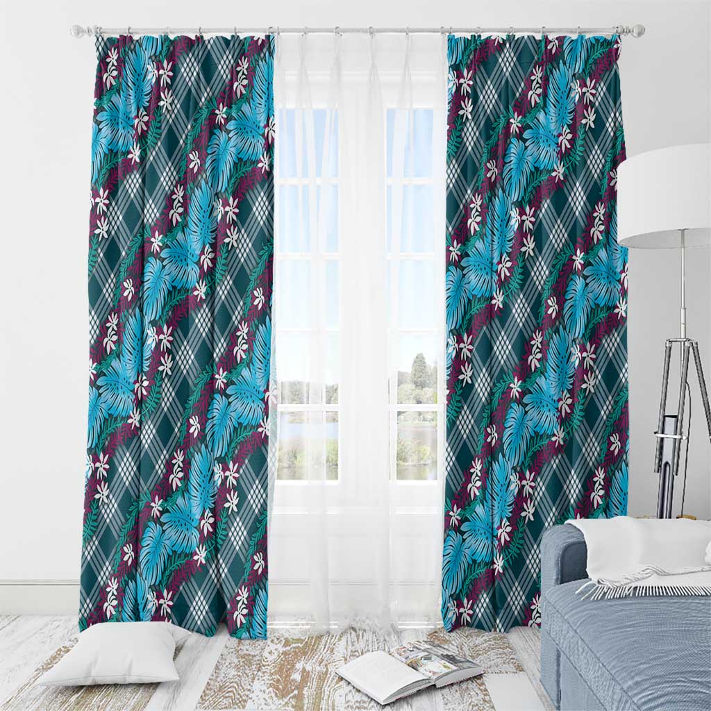 Polynesian Monstera Tiare Floral Window Curtain Dark Teal Tropical Plaid LT01 - Polynesian Pride