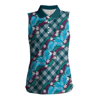 Polynesian Monstera Tiare Floral Women Sleeveless Polo Shirt Dark Teal Tropical Plaid LT01 Female Teal - Polynesian Pride