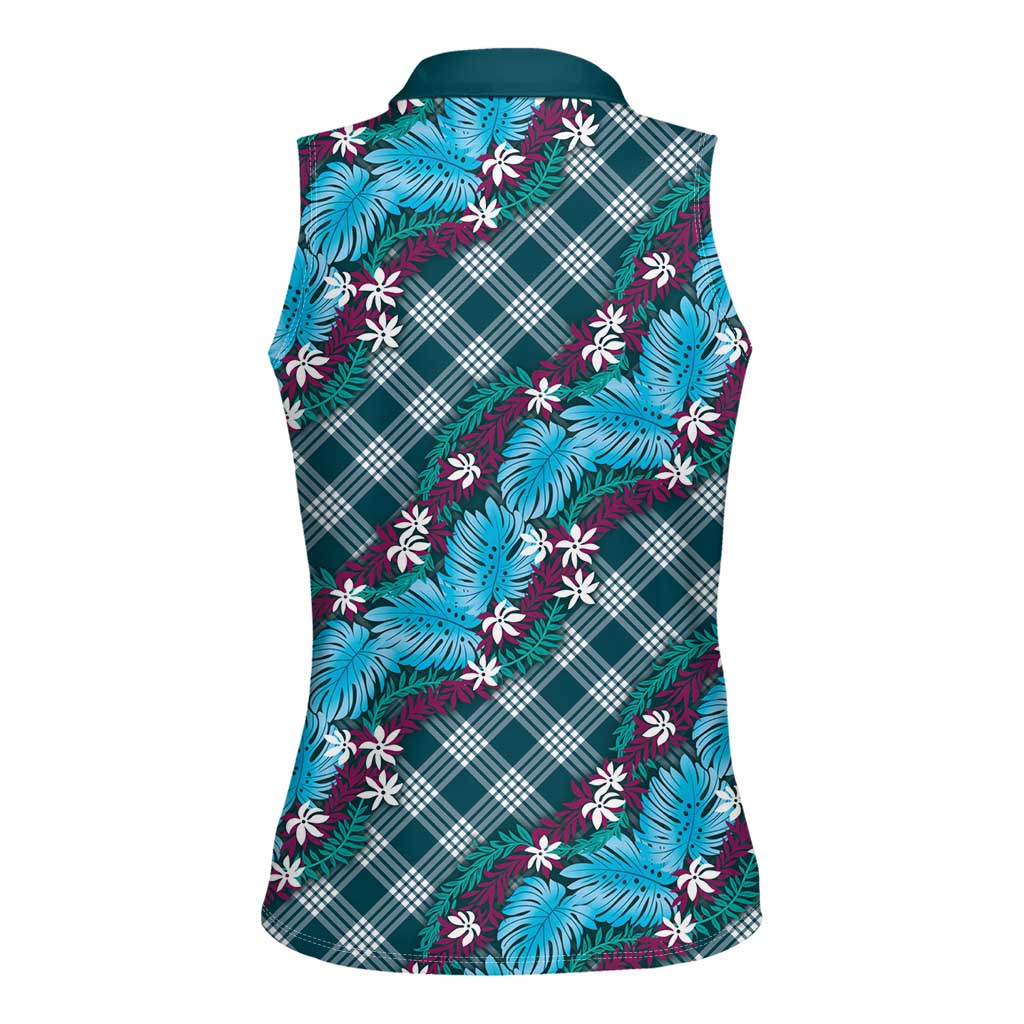 Polynesian Monstera Tiare Floral Women Sleeveless Polo Shirt Dark Teal Tropical Plaid LT01 - Polynesian Pride