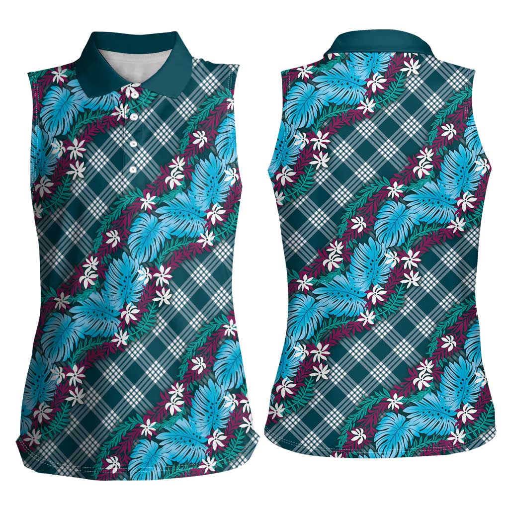 Polynesian Monstera Tiare Floral Women Sleeveless Polo Shirt Dark Teal Tropical Plaid LT01 - Polynesian Pride