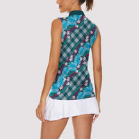 Polynesian Monstera Tiare Floral Women Sleeveless Polo Shirt Dark Teal Tropical Plaid LT01 - Polynesian Pride