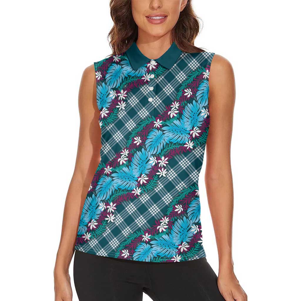 Polynesian Monstera Tiare Floral Women Sleeveless Polo Shirt Dark Teal Tropical Plaid LT01 - Polynesian Pride