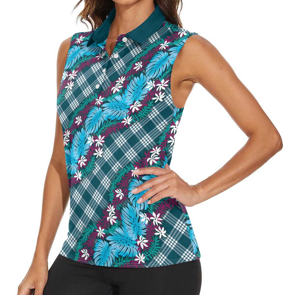Polynesian Monstera Tiare Floral Women Sleeveless Polo Shirt Dark Teal Tropical Plaid LT01 - Polynesian Pride