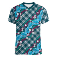 Polynesian Monstera Tiare Floral Women V-Neck T-Shirt Dark Teal Tropical Plaid LT01 Female Teal - Polynesian Pride