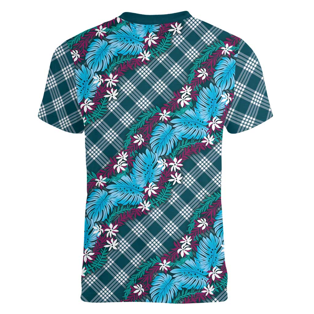 Polynesian Monstera Tiare Floral Women V-Neck T-Shirt Dark Teal Tropical Plaid LT01 - Polynesian Pride