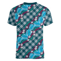Polynesian Monstera Tiare Floral Women V-Neck T-Shirt Dark Teal Tropical Plaid LT01 - Polynesian Pride