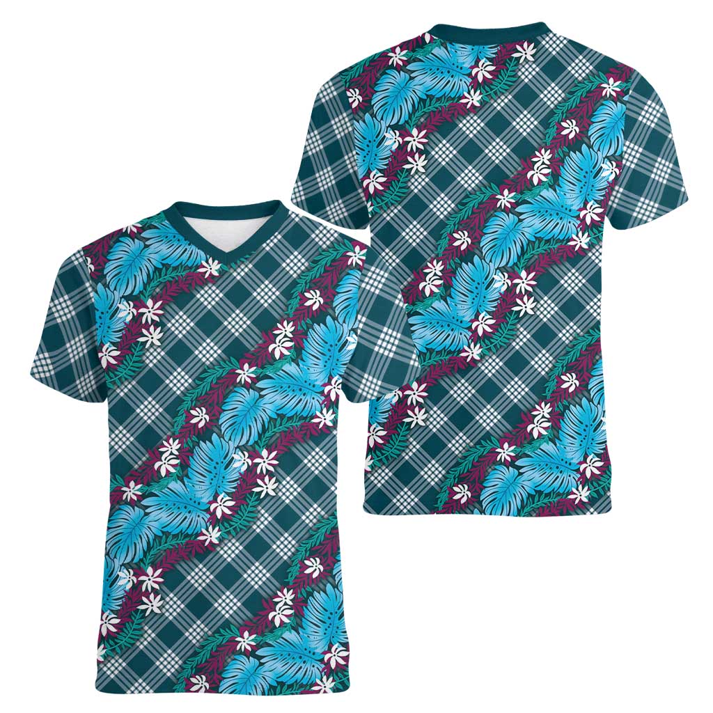 Polynesian Monstera Tiare Floral Women V-Neck T-Shirt Dark Teal Tropical Plaid LT01 - Polynesian Pride