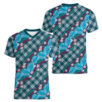 Polynesian Monstera Tiare Floral Women V-Neck T-Shirt Dark Teal Tropical Plaid LT01 - Polynesian Pride
