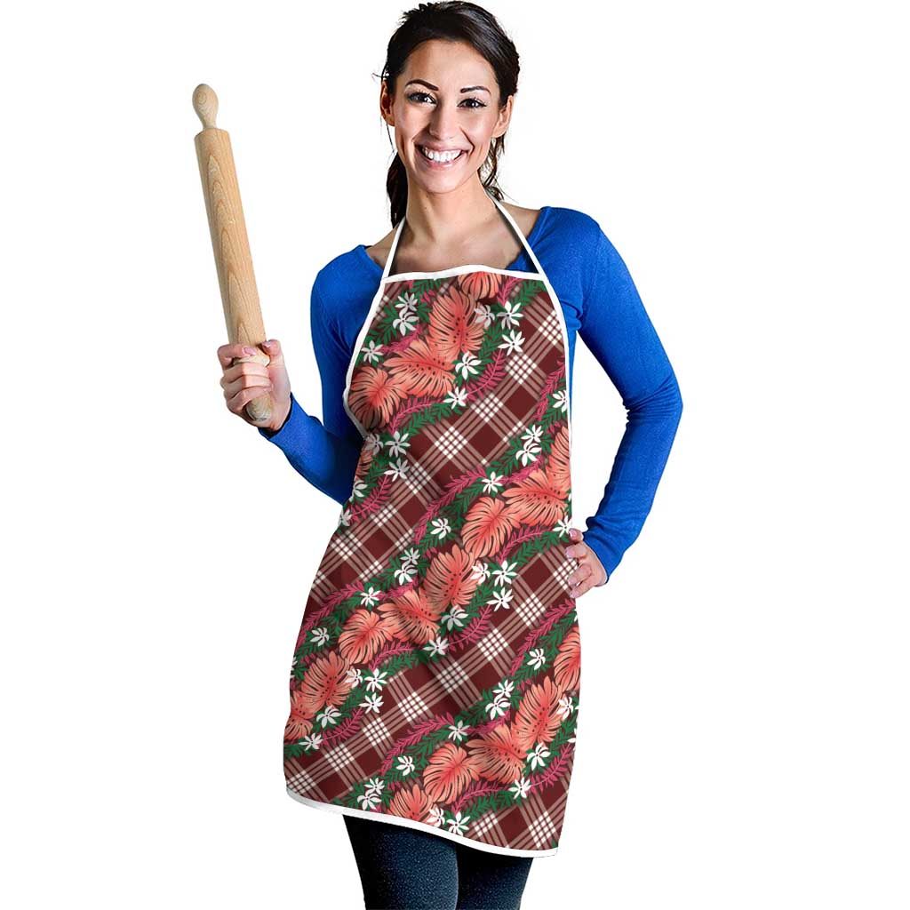 Polynesian Monstera Tiare Floral Apron Burgundy Tropical Plaid - Polynesian Pride