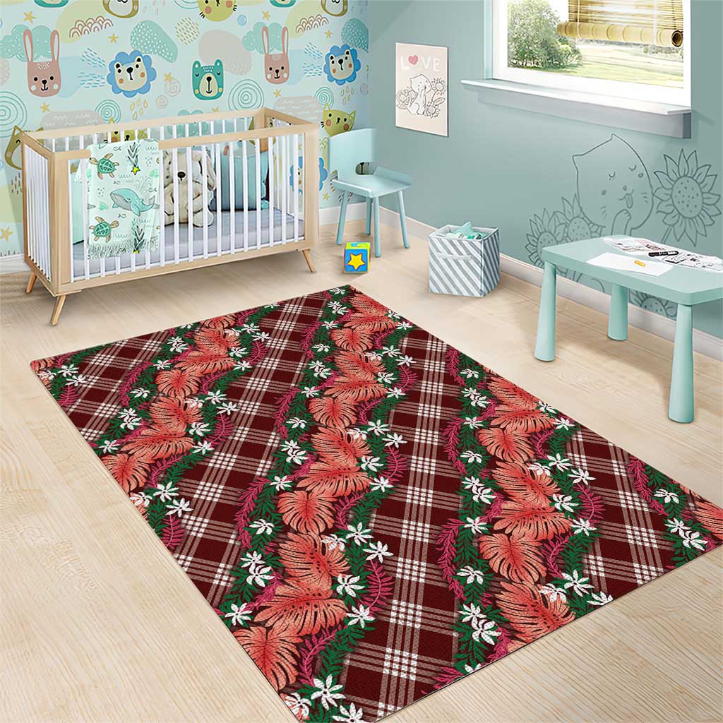 Polynesian Monstera Tiare Floral Area Rug Burgundy Tropical Plaid - Polynesian Pride