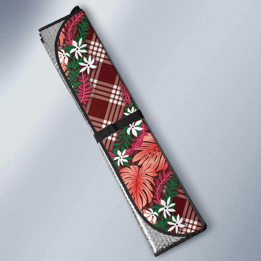 Polynesian Monstera Tiare Floral Auto Sun Shade Burgundy Tropical Plaid - Polynesian Pride