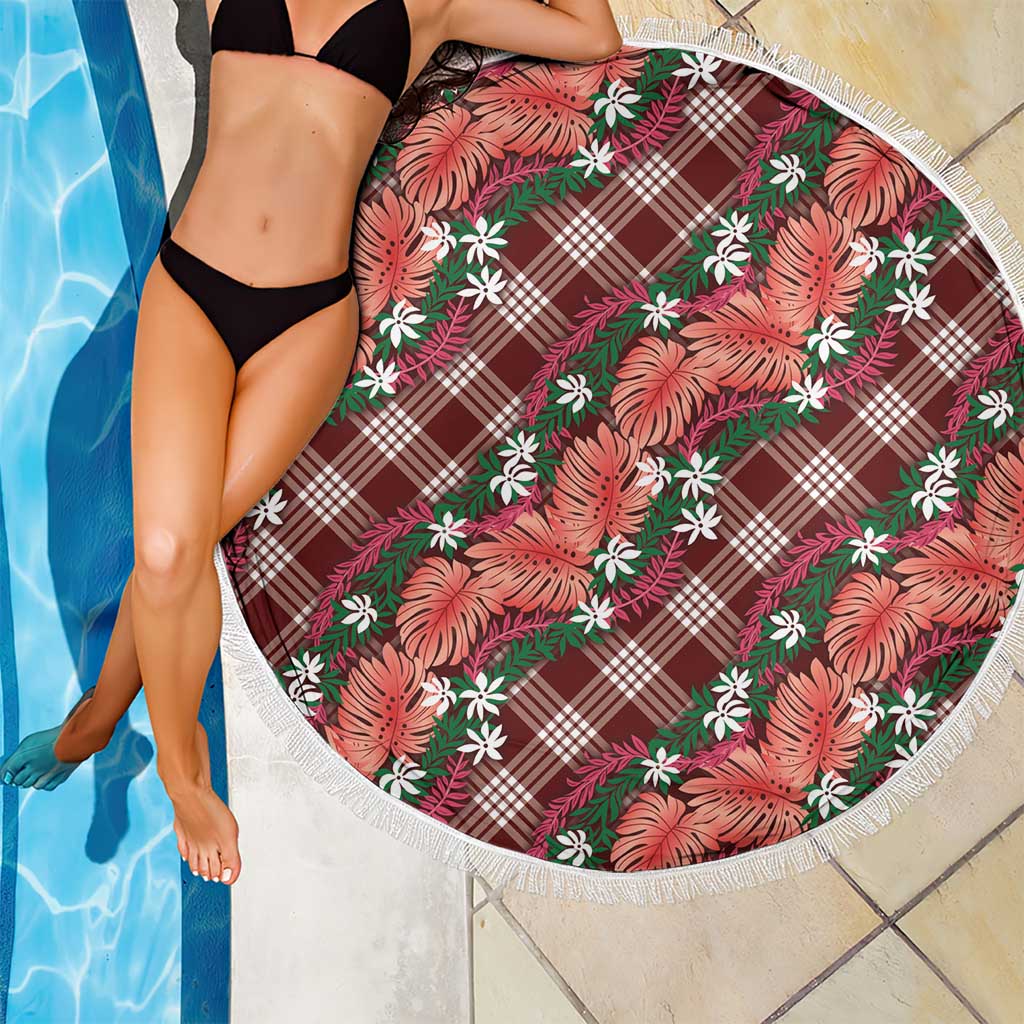 Polynesian Monstera Tiare Floral Beach Blanket Burgundy Tropical Plaid - Polynesian Pride