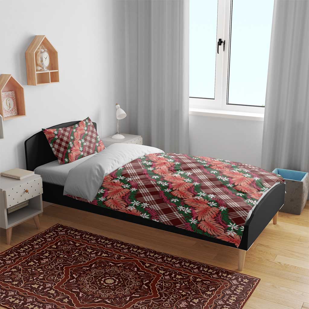 Polynesian Monstera Tiare Floral Bedding Set Burgundy Tropical Plaid LT01 - Polynesian Pride