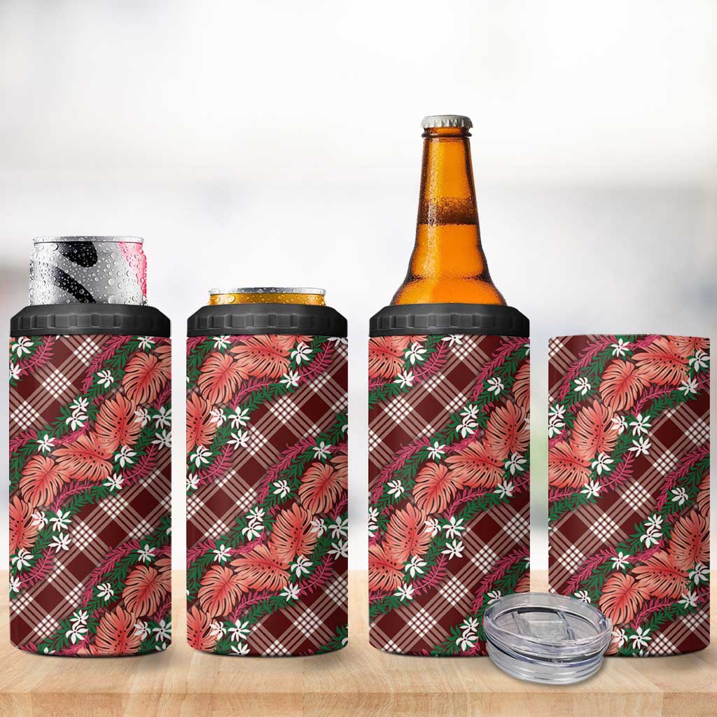 Polynesian Monstera Tiare Floral 4 in 1 Can Cooler Tumbler Burgundy Tropical Plaid LT01 - Polynesian Pride