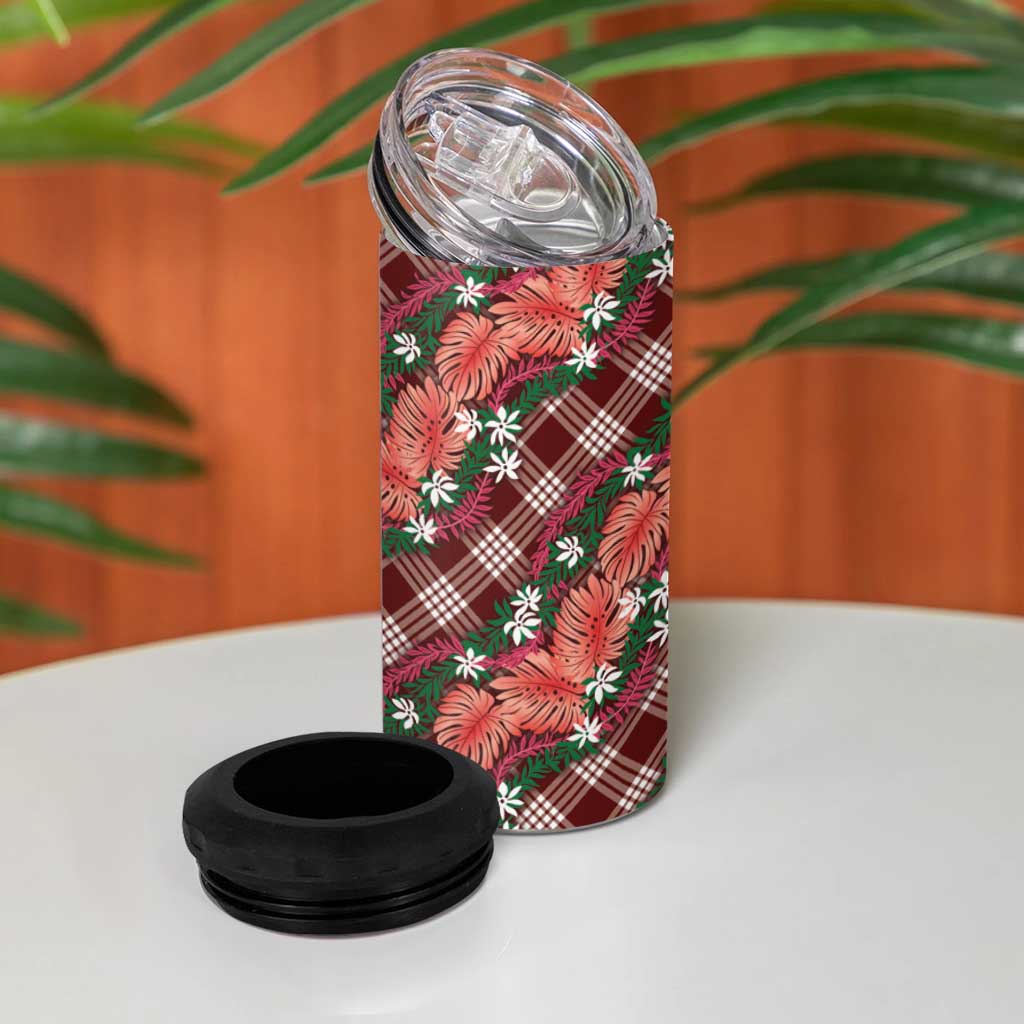 Polynesian Monstera Tiare Floral 4 in 1 Can Cooler Tumbler Burgundy Tropical Plaid LT01 - Polynesian Pride