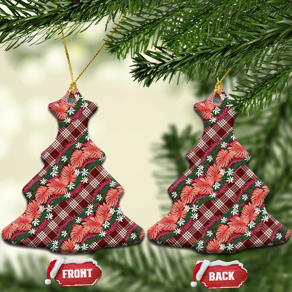 Polynesian Monstera Tiare Floral Ceramic Ornament Burgundy Tropical Plaid - Polynesian Pride