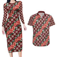Polynesian Monstera Tiare Floral Couples Matching Long Sleeve Bodycon Dress and Hawaiian Shirt Burgundy Tropical Plaid LT01 Red - Polynesian Pride