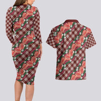 Polynesian Monstera Tiare Floral Couples Matching Long Sleeve Bodycon Dress and Hawaiian Shirt Burgundy Tropical Plaid LT01 - Polynesian Pride