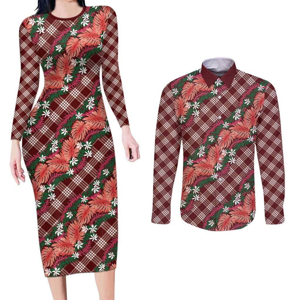 Polynesian Monstera Tiare Floral Couples Matching Long Sleeve Bodycon Dress and Long Sleeve Button Shirt Burgundy Tropical Plaid LT01 Red - Polynesian Pride