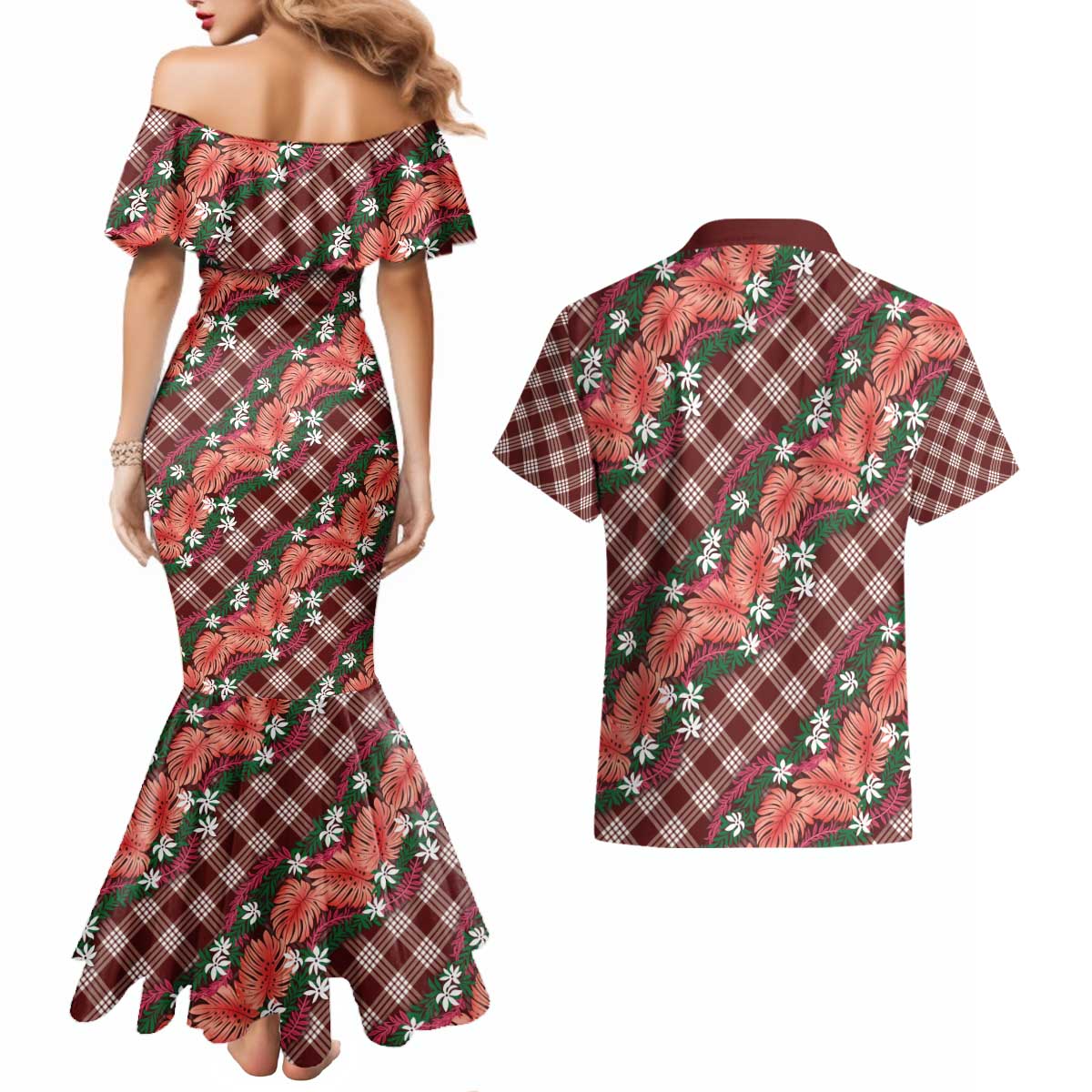 Polynesian Monstera Tiare Floral Couples Matching Mermaid Dress and Hawaiian Shirt Burgundy Tropical Plaid LT01 - Polynesian Pride
