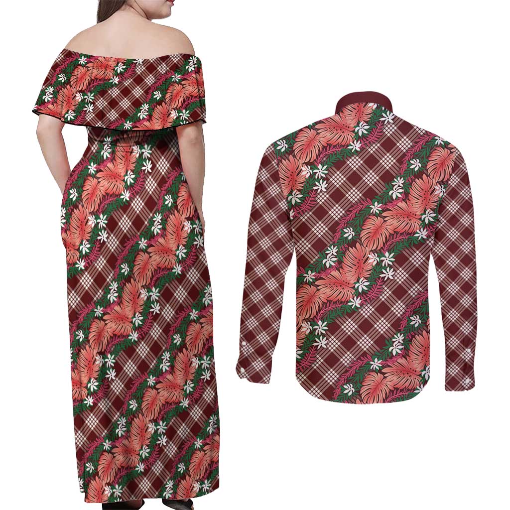 Polynesian Monstera Tiare Floral Couples Matching Off Shoulder Maxi Dress and Long Sleeve Button Shirt Burgundy Tropical Plaid LT01 - Polynesian Pride