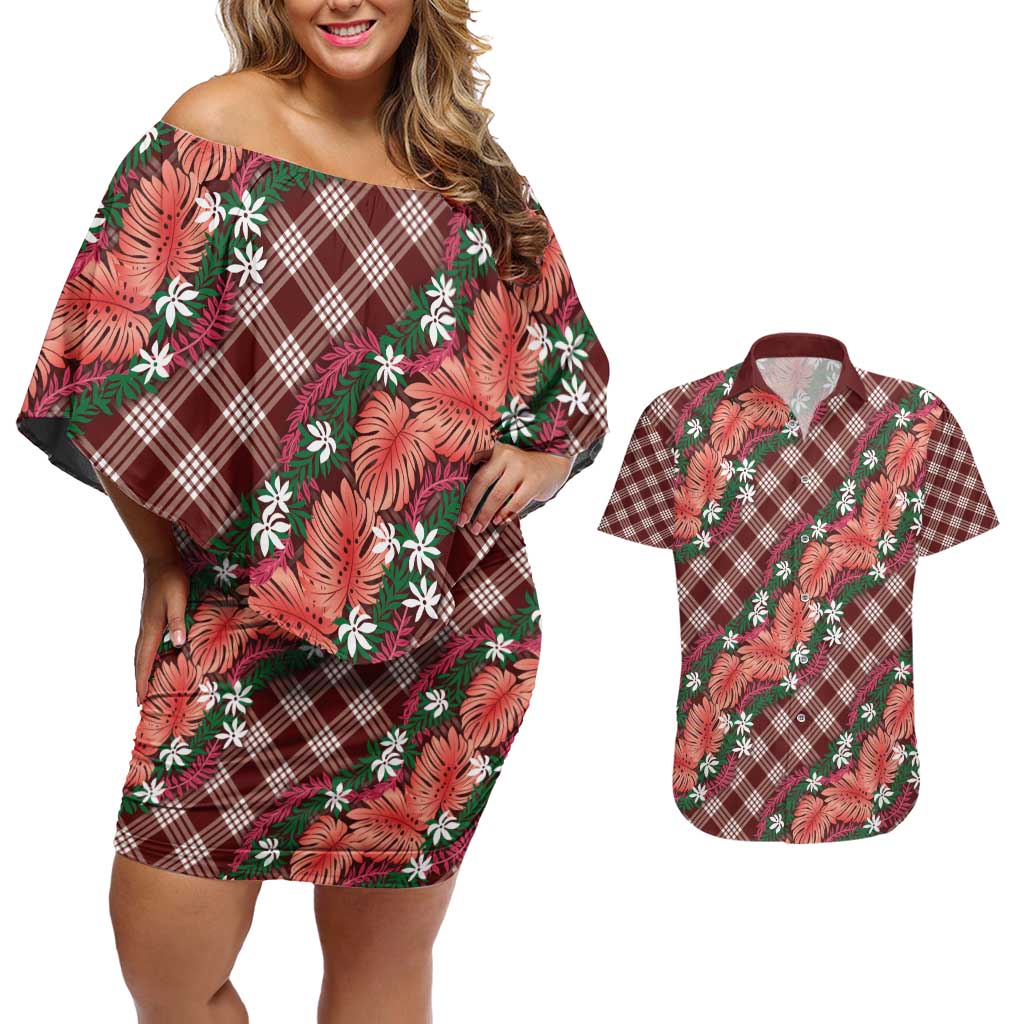 Polynesian Monstera Tiare Floral Couples Matching Off Shoulder Short Dress and Hawaiian Shirt Burgundy Tropical Plaid LT01 Red - Polynesian Pride