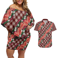 Polynesian Monstera Tiare Floral Couples Matching Off Shoulder Short Dress and Hawaiian Shirt Burgundy Tropical Plaid LT01 Red - Polynesian Pride