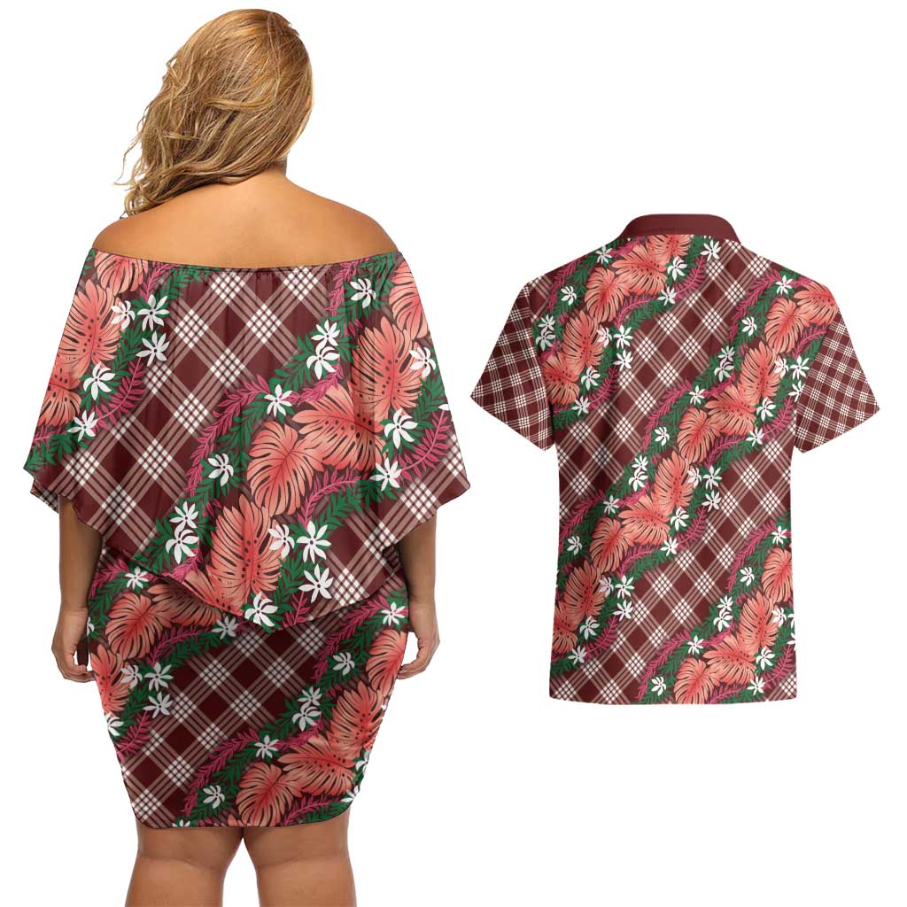 Polynesian Monstera Tiare Floral Couples Matching Off Shoulder Short Dress and Hawaiian Shirt Burgundy Tropical Plaid LT01 - Polynesian Pride