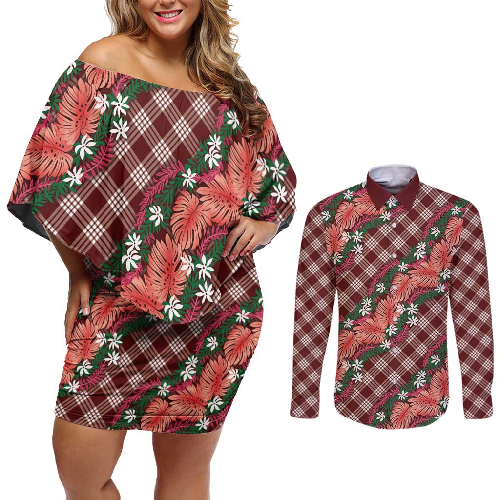 Polynesian Monstera Tiare Floral Couples Matching Off Shoulder Short Dress and Long Sleeve Button Shirt Burgundy Tropical Plaid LT01 Red - Polynesian Pride