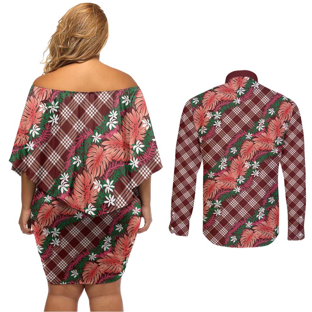 Polynesian Monstera Tiare Floral Couples Matching Off Shoulder Short Dress and Long Sleeve Button Shirt Burgundy Tropical Plaid LT01 - Polynesian Pride