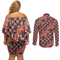 Polynesian Monstera Tiare Floral Couples Matching Off Shoulder Short Dress and Long Sleeve Button Shirt Burgundy Tropical Plaid LT01 - Polynesian Pride