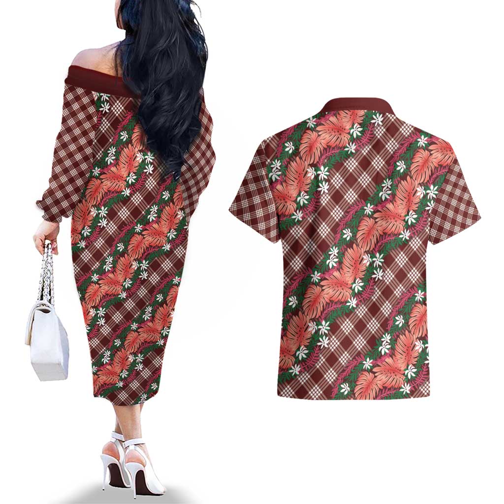 Polynesian Monstera Tiare Floral Couples Matching Off The Shoulder Long Sleeve Dress and Hawaiian Shirt Burgundy Tropical Plaid LT01 - Polynesian Pride
