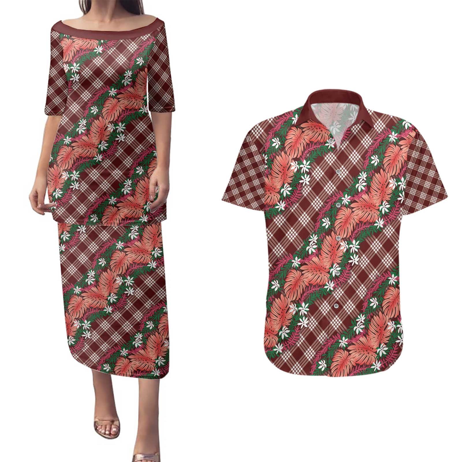 Polynesian Monstera Tiare Floral Couples Matching Puletasi and Hawaiian Shirt Burgundy Tropical Plaid LT01 Red - Polynesian Pride