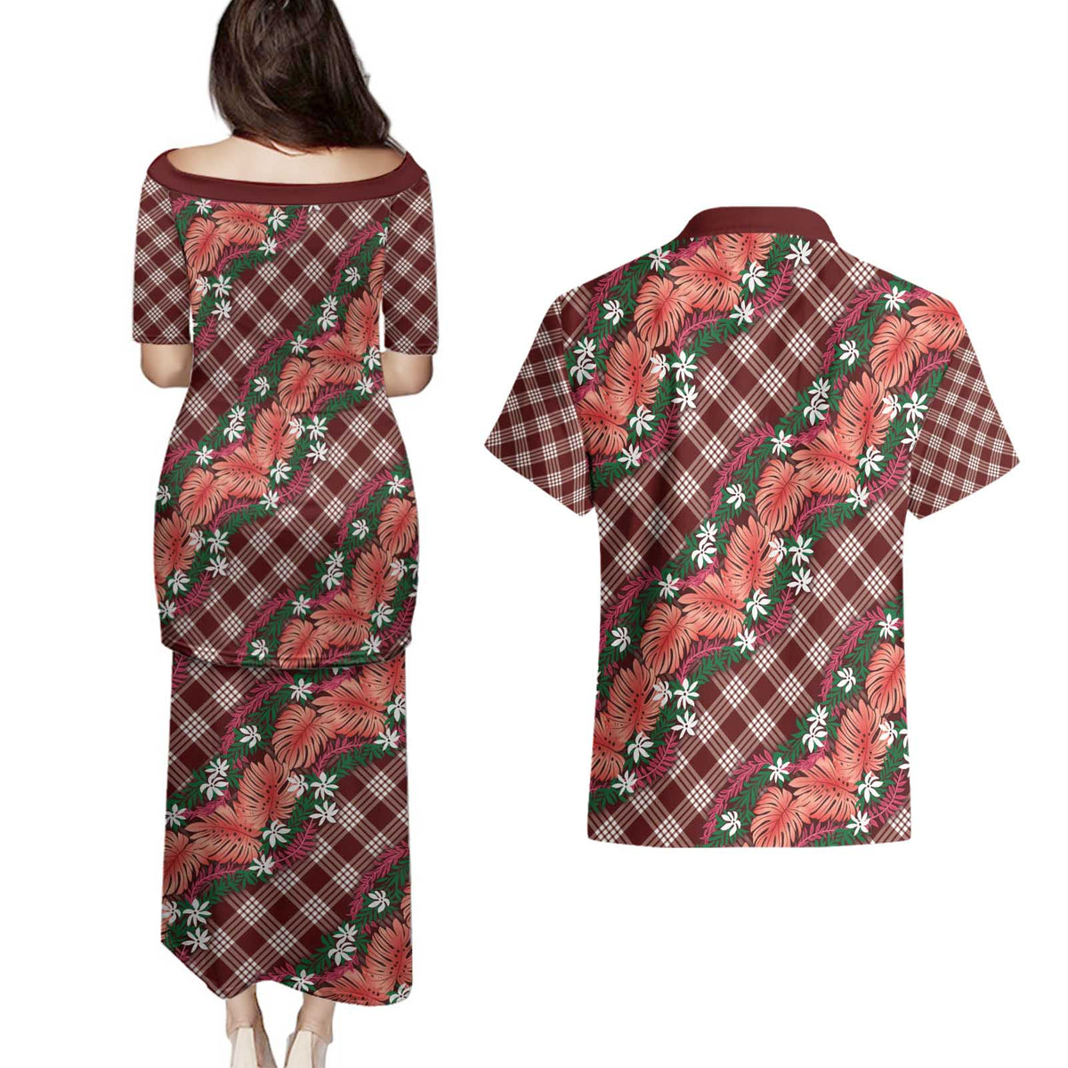 Polynesian Monstera Tiare Floral Couples Matching Puletasi and Hawaiian Shirt Burgundy Tropical Plaid LT01 - Polynesian Pride