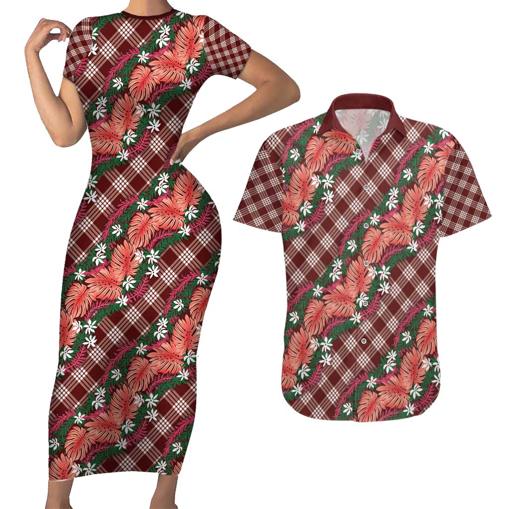 Polynesian Monstera Tiare Floral Couples Matching Short Sleeve Bodycon Dress and Hawaiian Shirt Burgundy Tropical Plaid LT01 Red - Polynesian Pride