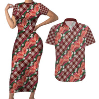 Polynesian Monstera Tiare Floral Couples Matching Short Sleeve Bodycon Dress and Hawaiian Shirt Burgundy Tropical Plaid LT01 Red - Polynesian Pride