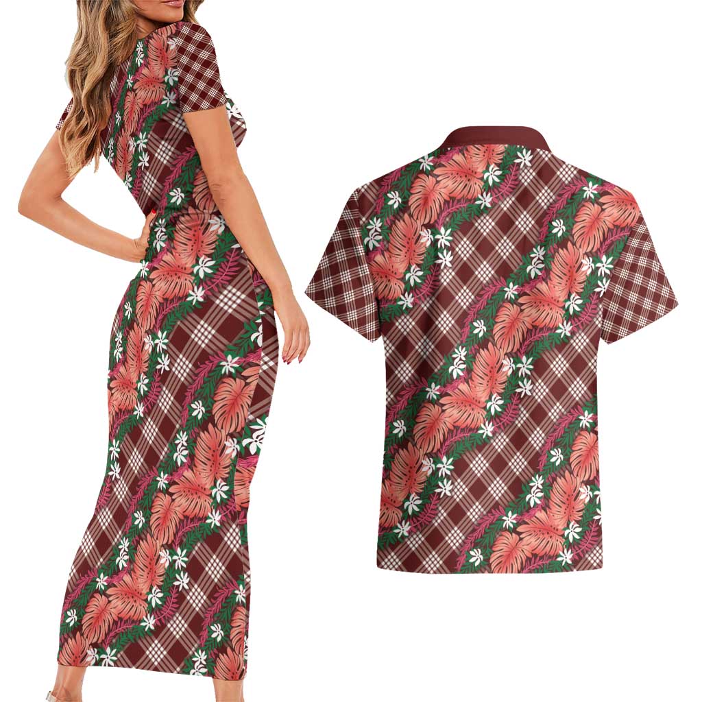 Polynesian Monstera Tiare Floral Couples Matching Short Sleeve Bodycon Dress and Hawaiian Shirt Burgundy Tropical Plaid LT01 - Polynesian Pride