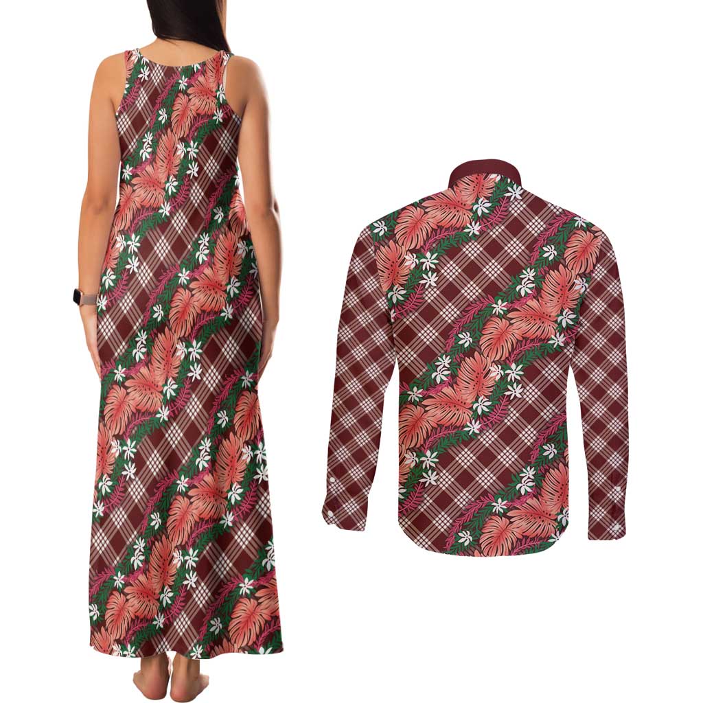 Polynesian Monstera Tiare Floral Couples Matching Tank Maxi Dress and Long Sleeve Button Shirt Burgundy Tropical Plaid LT01 - Polynesian Pride