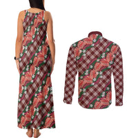 Polynesian Monstera Tiare Floral Couples Matching Tank Maxi Dress and Long Sleeve Button Shirt Burgundy Tropical Plaid LT01 - Polynesian Pride